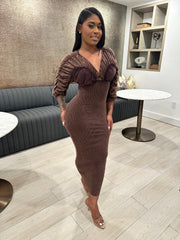 Washed Ruched Contrast Midi Dress- Espresso