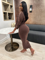 Washed Ruched Contrast Midi Dress- Espresso