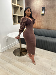 Washed Ruched Contrast Midi Dress- Espresso