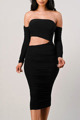 Feel The Vibe Off The Shoulder Dress- Black
