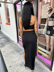 Amelia 3D Floral Embellished Crop Top & High-Waisted Side-Slit Maxi Skirt Set- Black