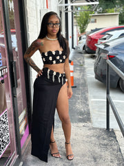 Amelia 3D Floral Embellished Crop Top & High-Waisted Side-Slit Maxi Skirt Set- Black