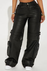 Street Chic Faux Leather Cargo Pants- Black