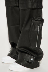 Street Chic Faux Leather Cargo Pants- Black