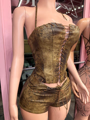 Desert Distressed Leather Corset & Short Set- Brown
