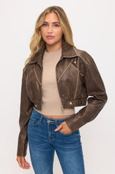 Boss Instinct Cropped Moto Jacket- Brown