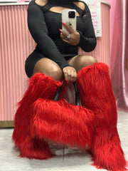 Chic Faux Fur Knee-High Boot & Handbag Set- Red