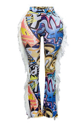 Urban Vibe Graffiti Print Fringe Trim Pants- Multi