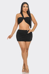 Lets Meet Later Wrap Top & Ruched Skirt Set - Black
