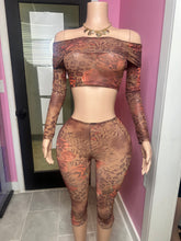 Feline Mesh Leopard Off Shoulder Capri Legging Set - Brown/Combo