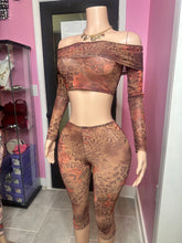 Feline Mesh Leopard Off Shoulder Capri Legging Set - Brown/Combo