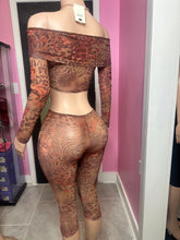 Feline Mesh Leopard Off Shoulder Capri Legging Set - Brown/Combo