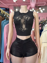 Gothic Glam Rhinestone Cross Lace Mesh Crop Top – Black