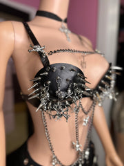 (Pre-Order 10-15 days then ship)
Gothic Spike & Cross Embellished Leather Harness Top- Black