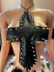 PU Rebel Saint Spiked Cross Halter Top- Black