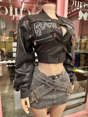 Rockstar Attitude Cropped Bomber Jacket – Black