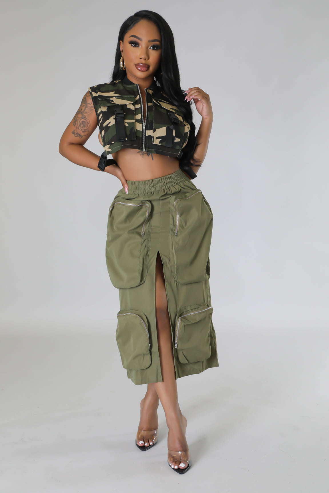 Cargo High Split Skirt- Army Green Luxechic Couture Cargo High Split Skirt- Army Green Luxechic Couture