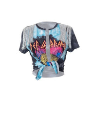 Pretty Leopard Fringe Graphic Top- Grey