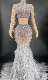Luxury Beaded Feather Skirt Set- Gray