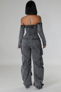 Chic Off-Shoulder Denim Jumpsuit- Black Denim