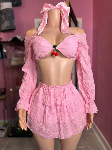 Cherry Baby Crop Top & Ruffle Skirt Set- Pink