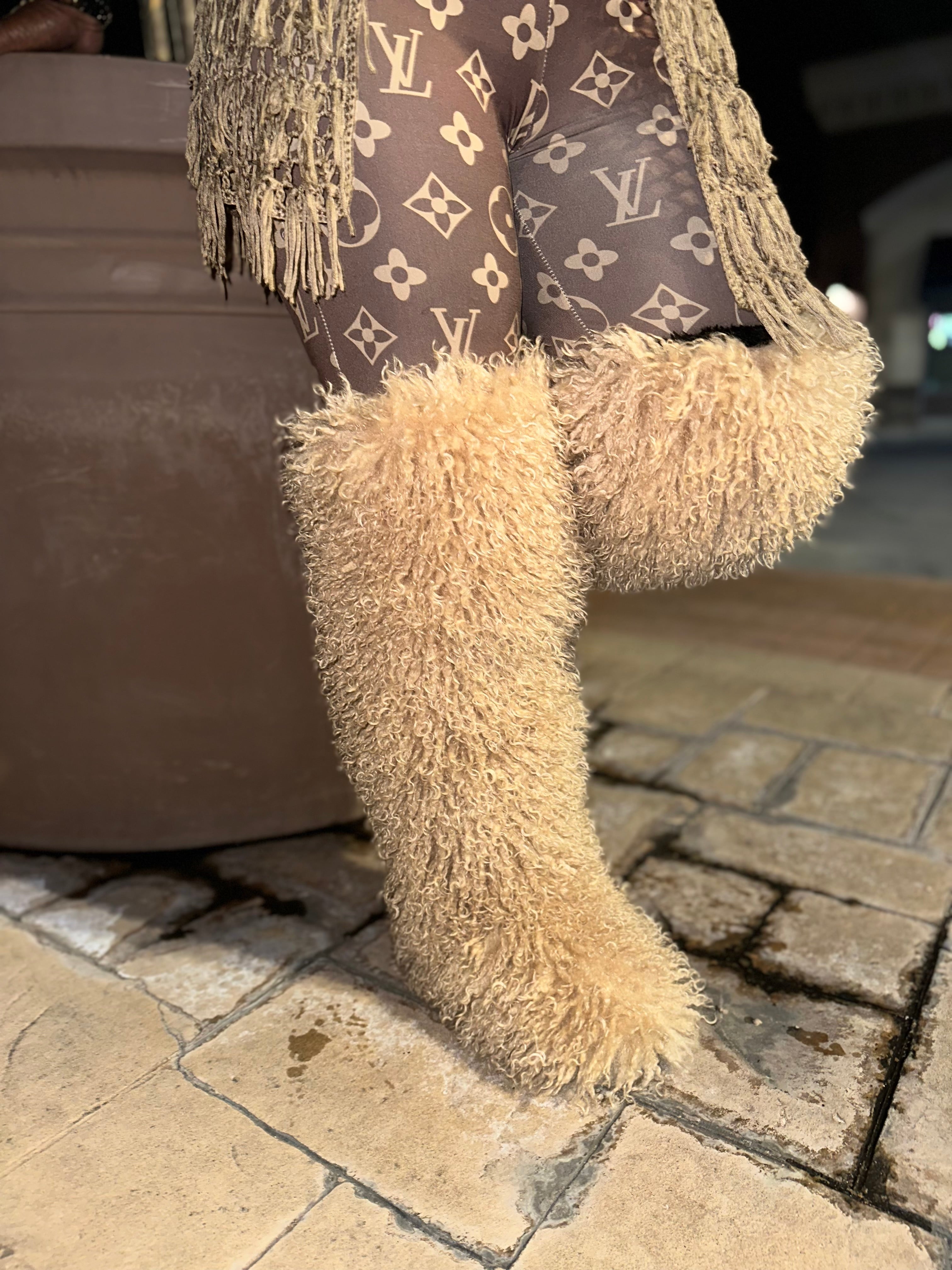 *Pre-Order 10-15 business days then ship* Shaggy Mongolian Fur Thigh High Boots- Tan