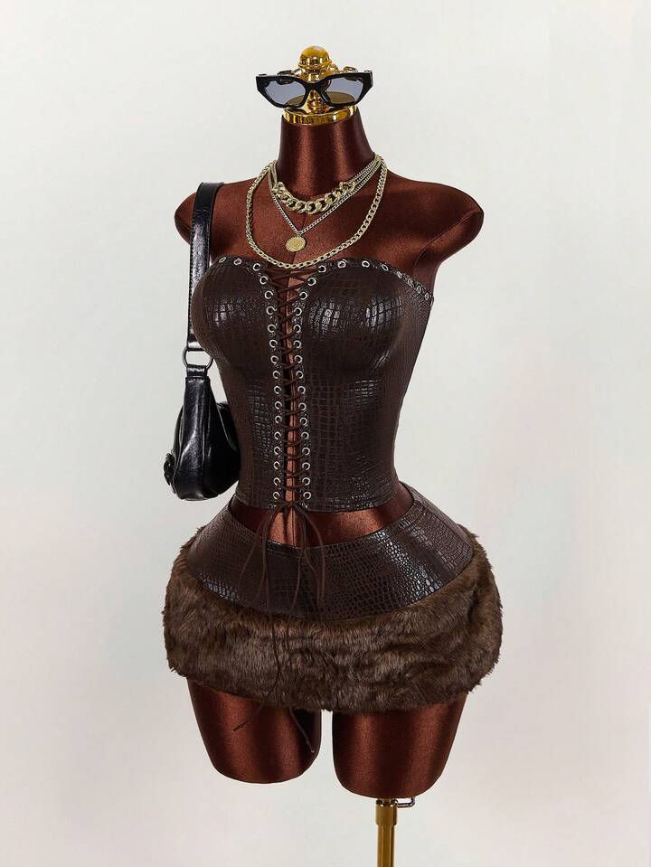 Rich Energy Corset & Fur Mini Skirt Set