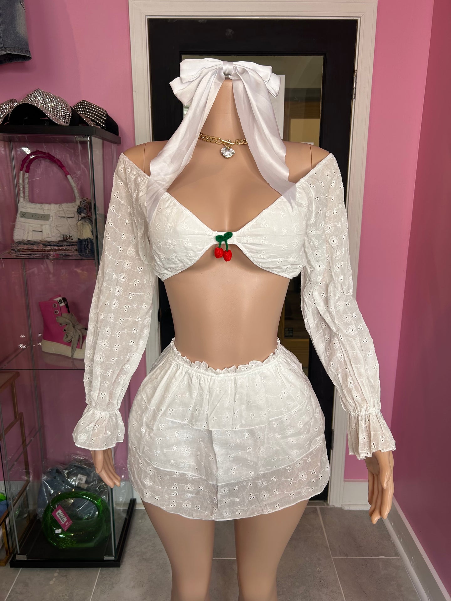 Cherry Baby Crop Top & Ruffle Skirt Set- White