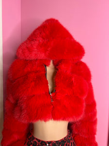 Chic Faux Fur Jacket with Hood – Red