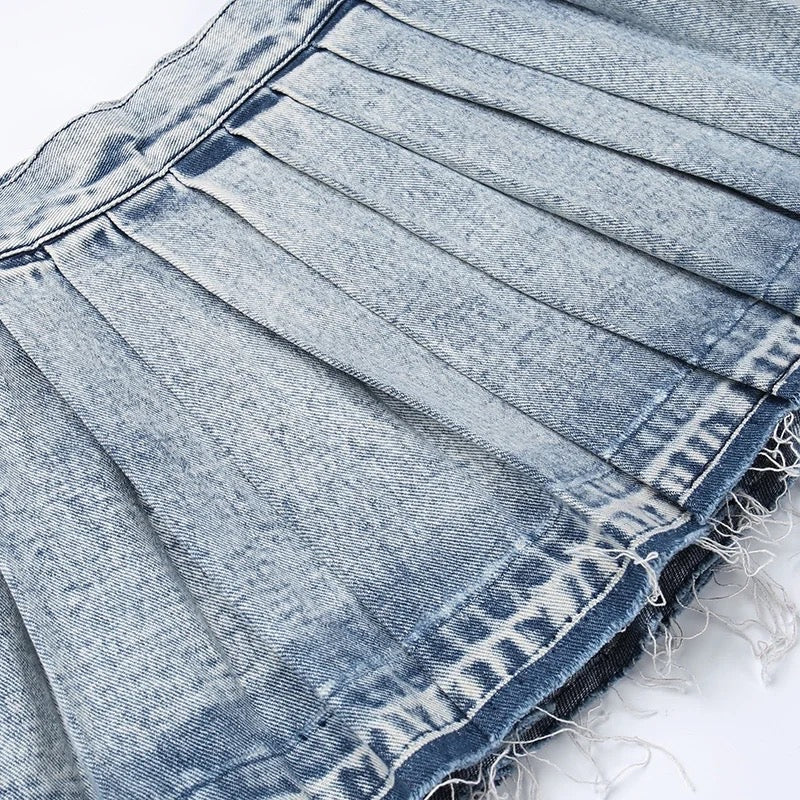 Denim Pleated Mini Skirt