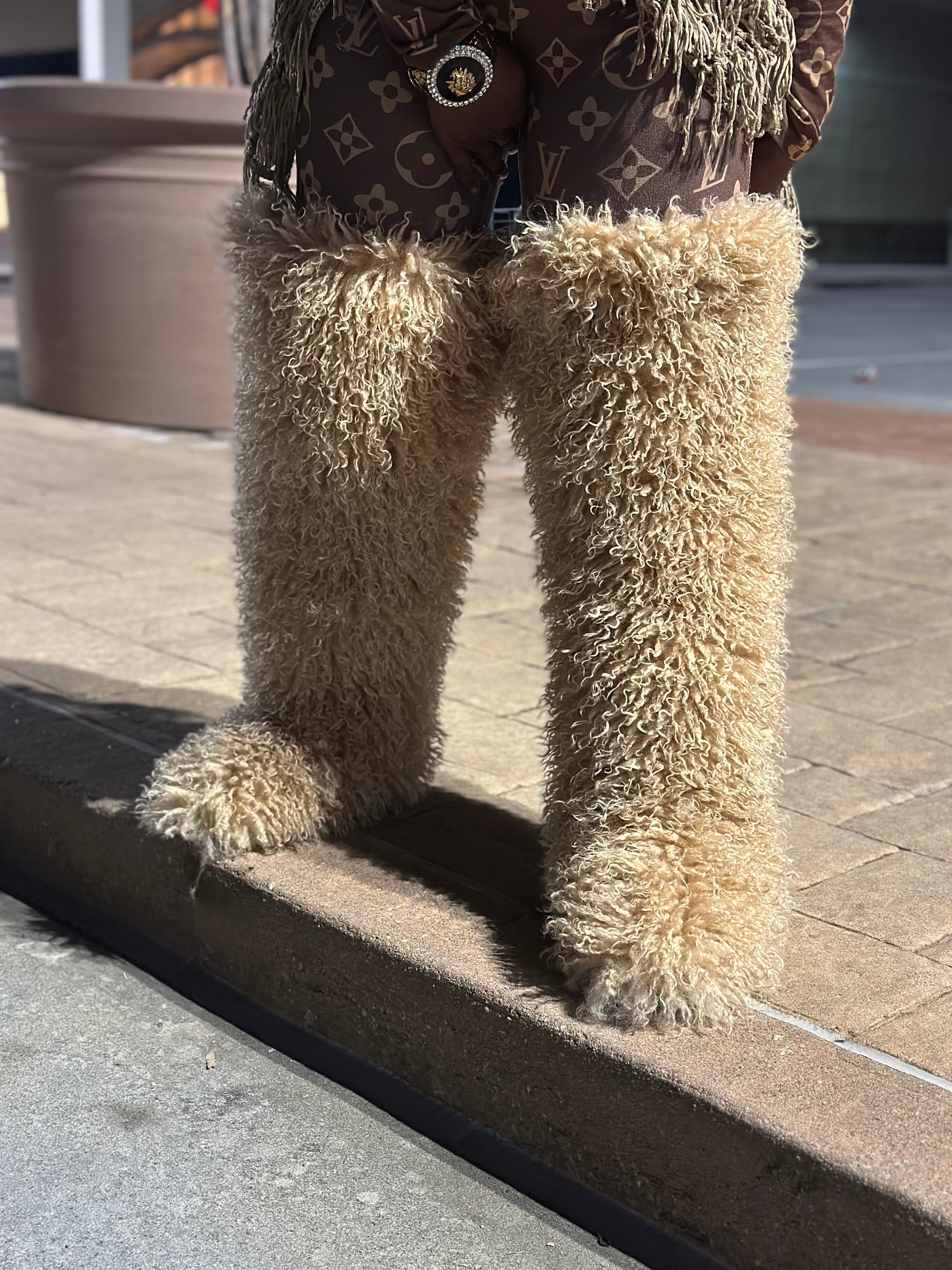 *Pre-Order 10-15 business days then ship* Shaggy Mongolian Fur Thigh High Boots- Tan