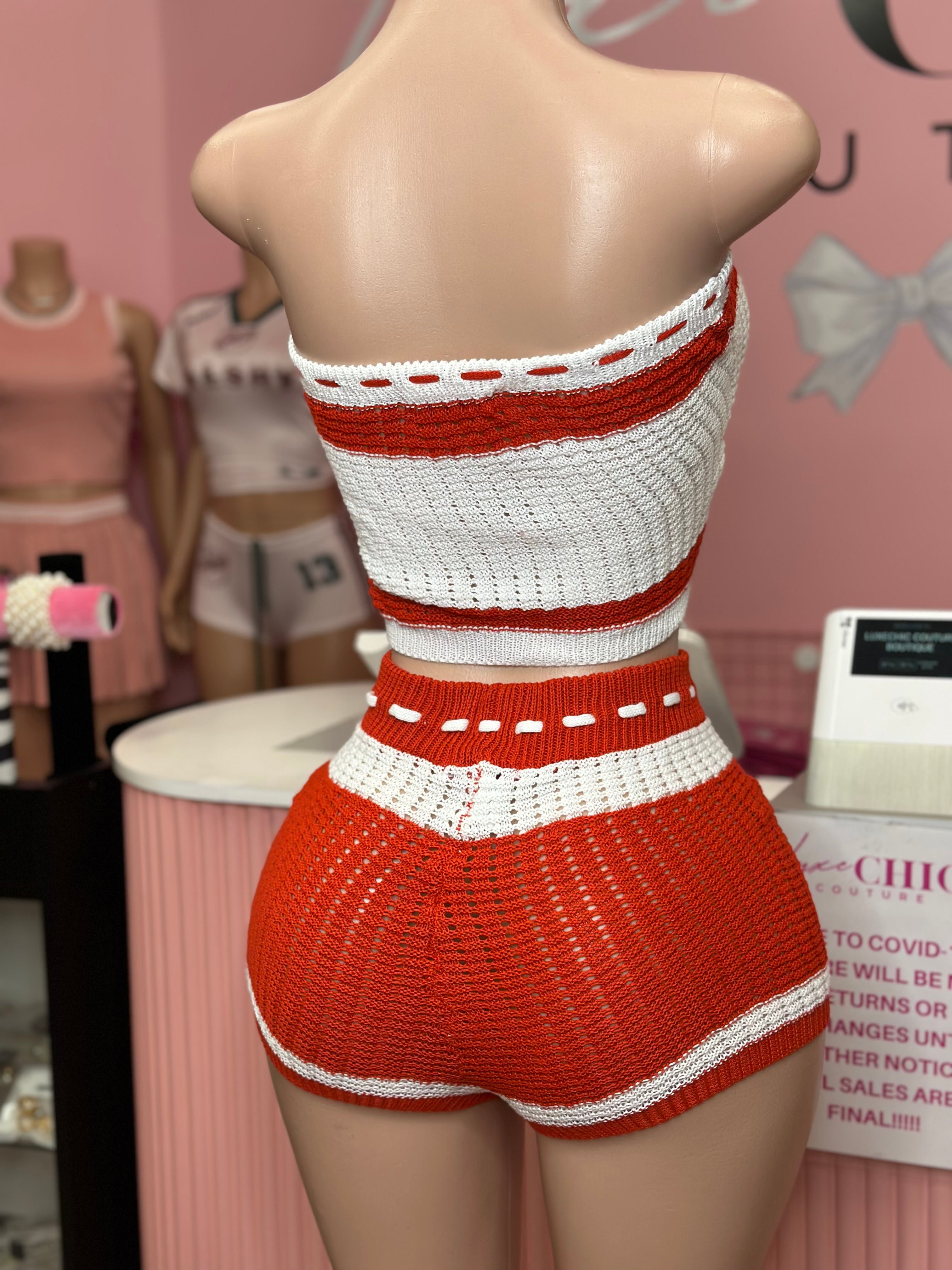 Summer Crushing Crochet 2 Piece Short Set- Fiery Red