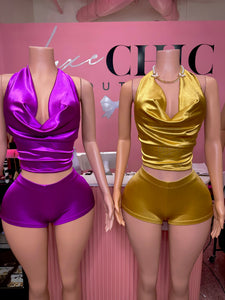 Step It Up Satin Halter Cowl Neck & Short Set- Various Colors