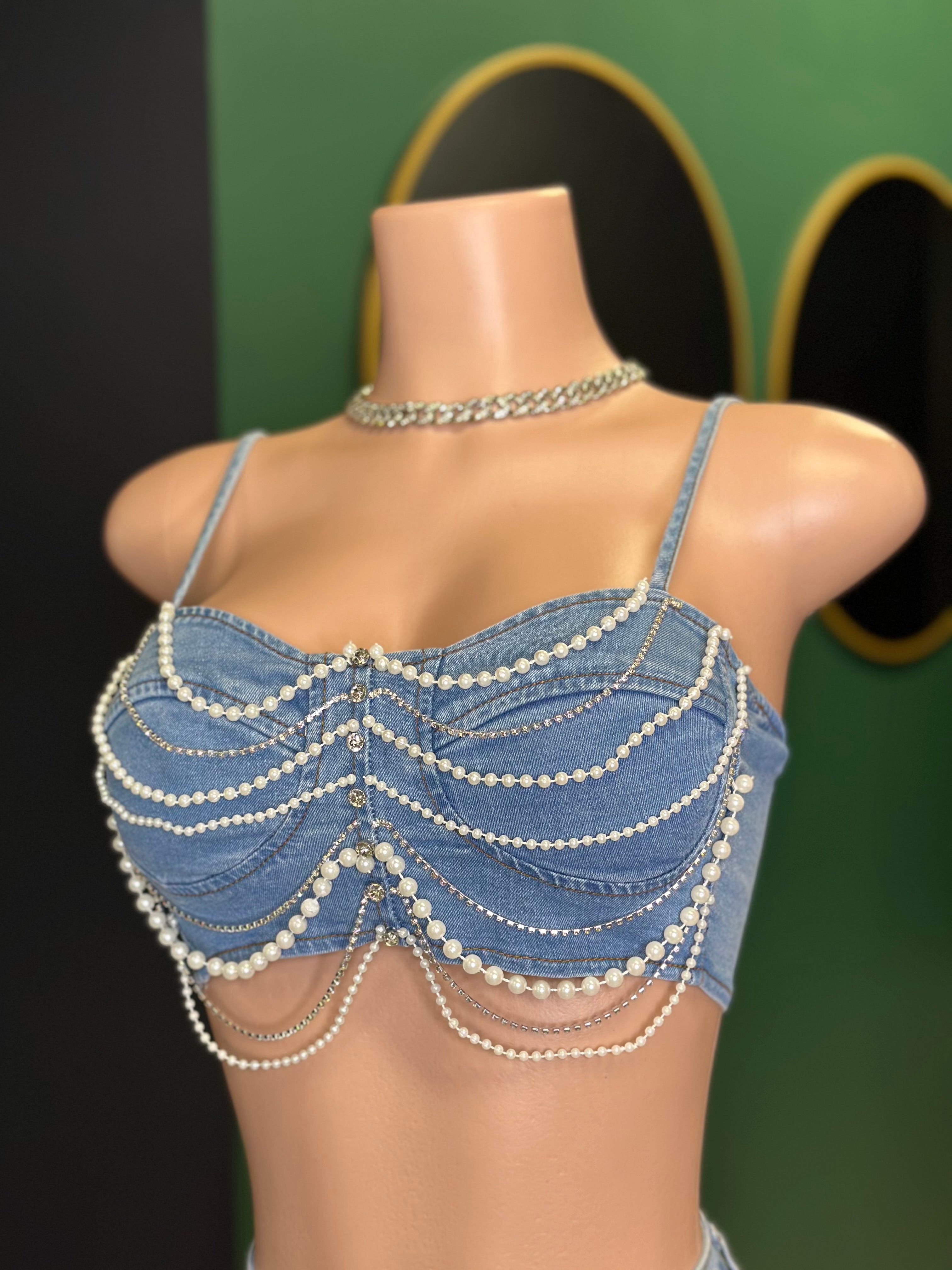 Sexy in Pearls Denim Shorts Set