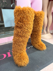 Shaggy Mongolian Fur Thigh High Boots- Brown