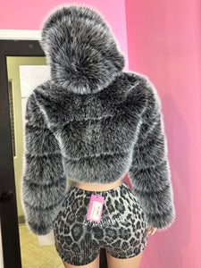 Chic Faux Fur Jacket with Hood – Grey Striped Design