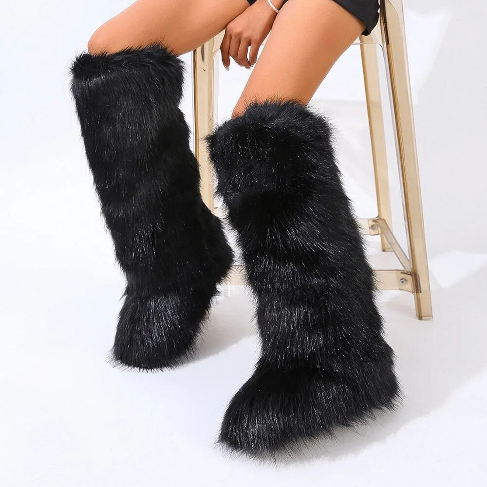 (*Pre-Order 15 business days then ship*) Wynter Fluffy Faux Fur Tall Boots- Black