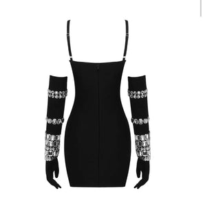Diamond Bandage Mini Dress W/Matching Gloves- Black