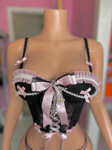 *Pre-Order* (10-15 days then ship) Pure Night Lace Corset Set- Black/Pink