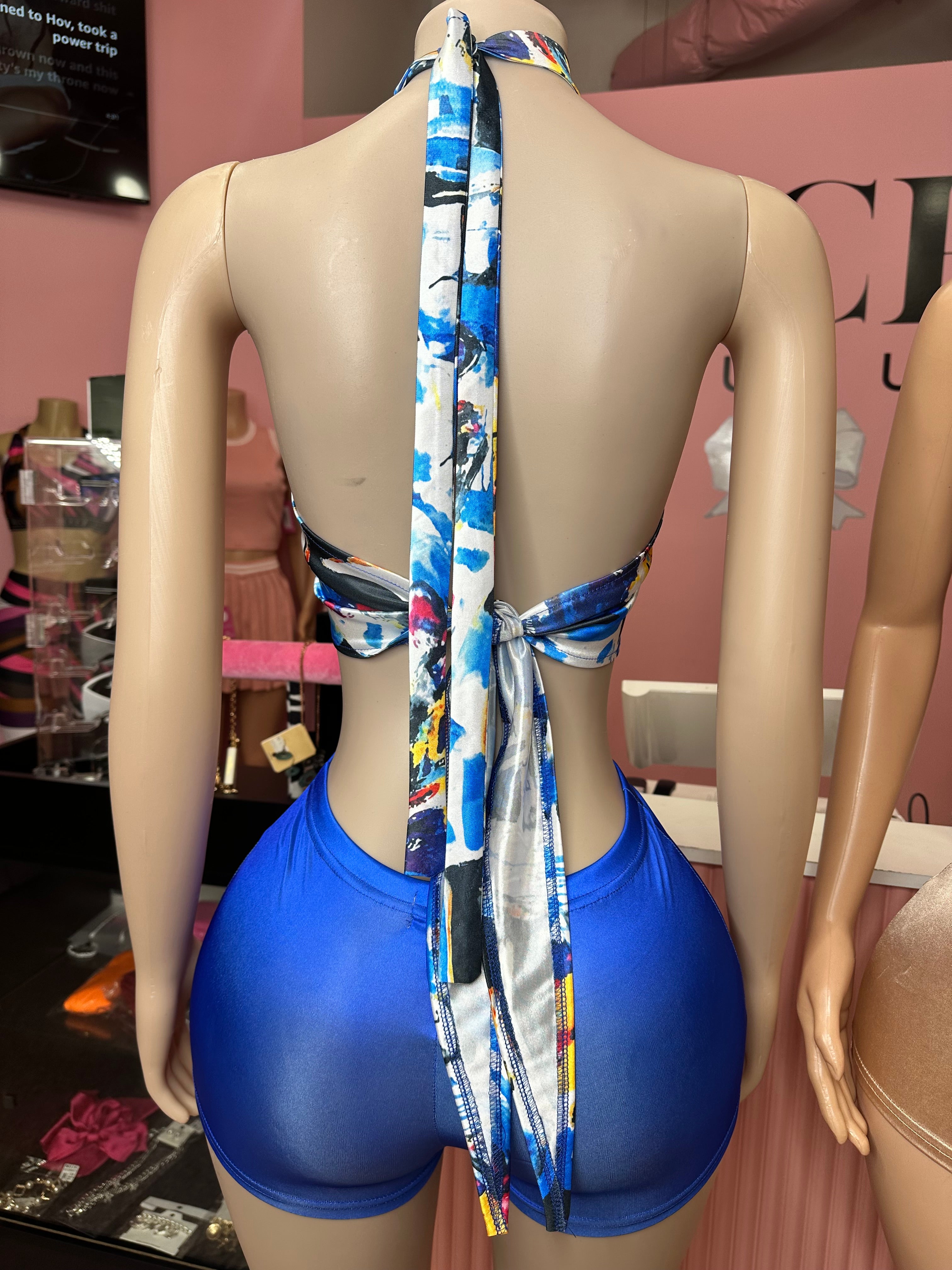 Time To Get Cute Silk Halter Top & Short Set- Blue Abstract