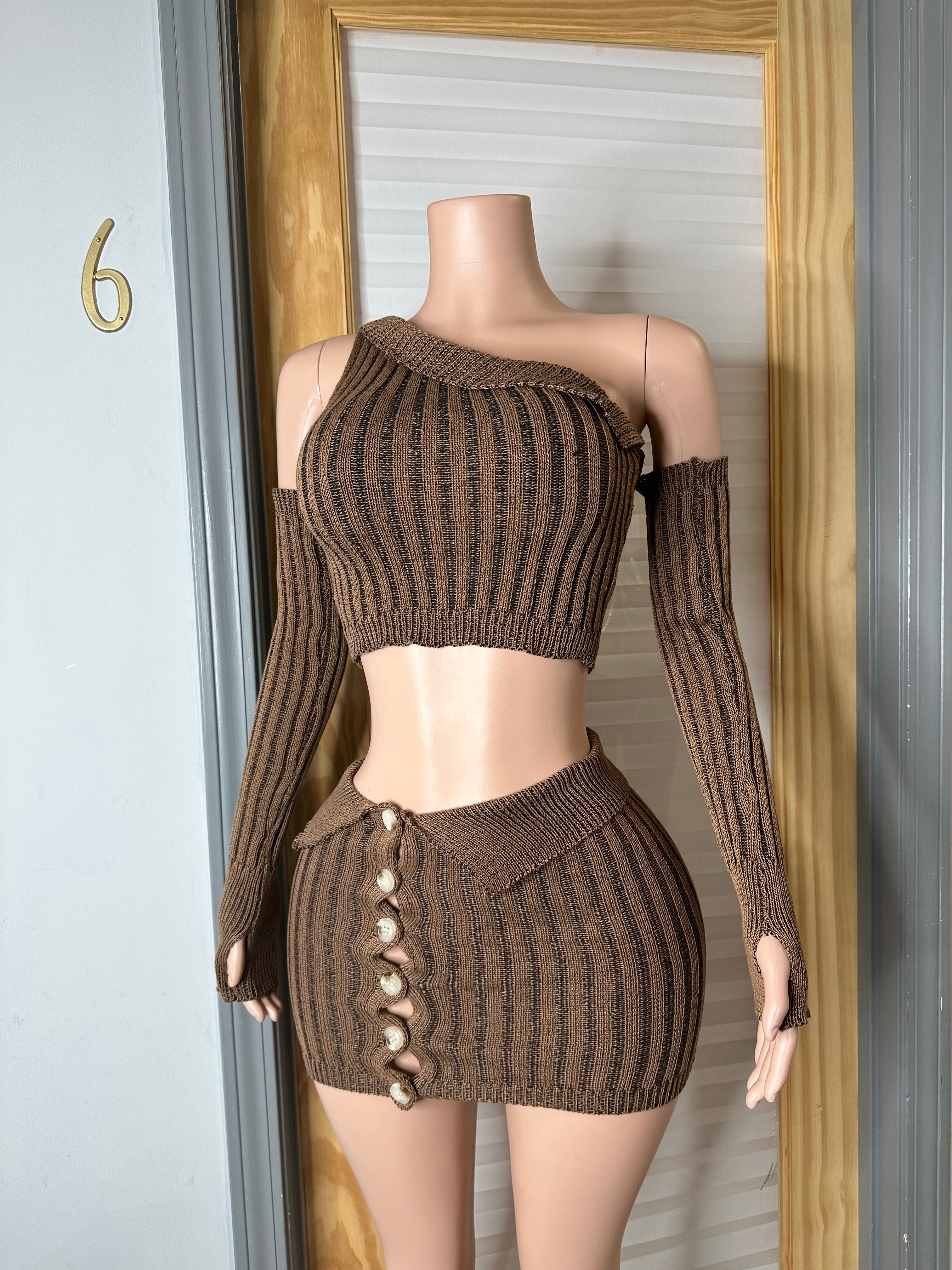 Keep It Casual Striped Knitted Skirt Set- Brown