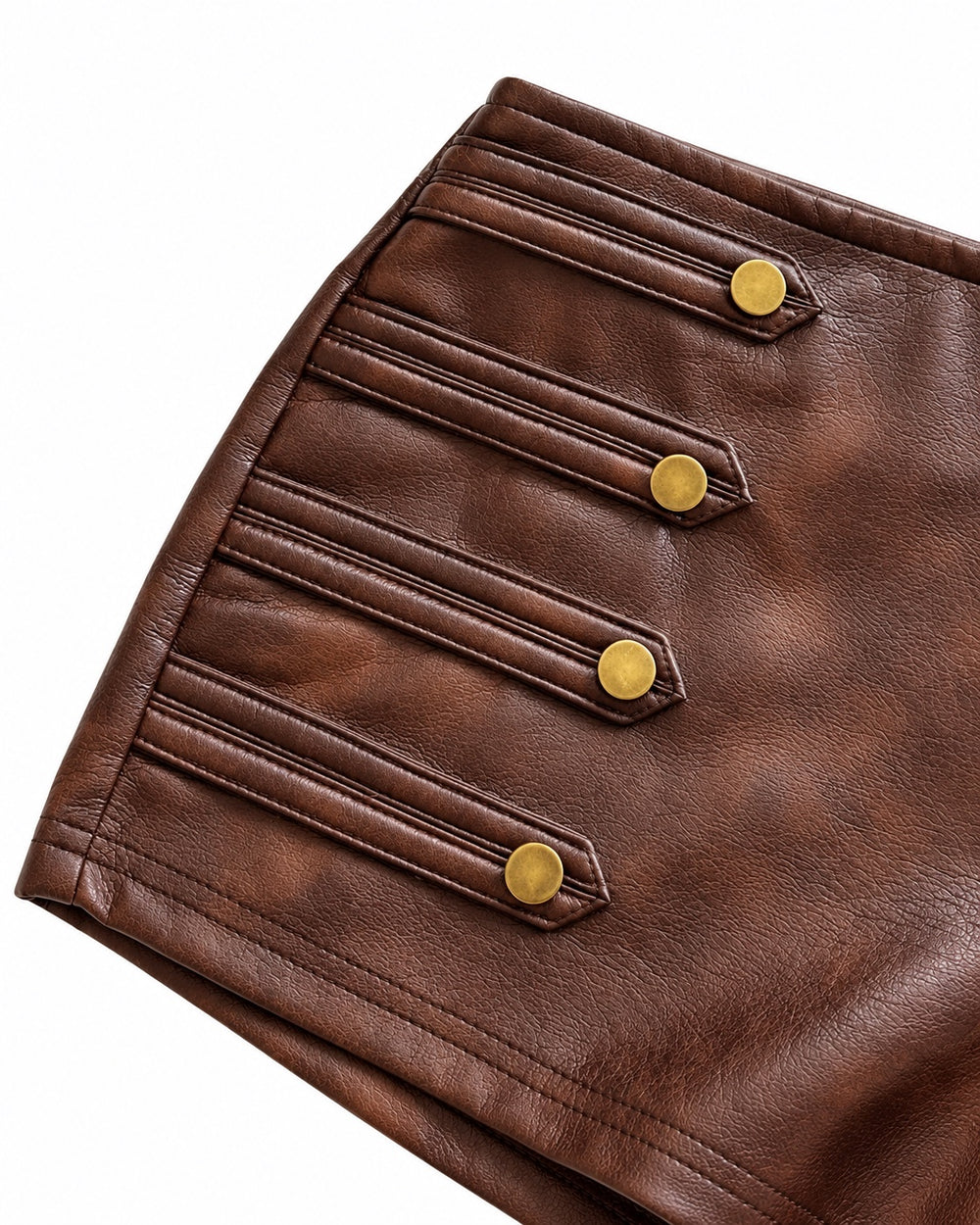 Bossed Up Faux Leather Shorts – Brown - button detail