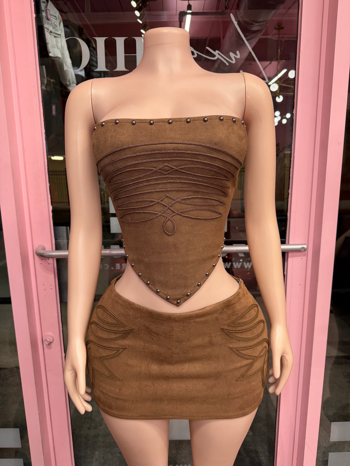 Desert Heat Suede Corset & Mini Skirt Set- Brown