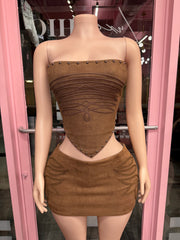 Desert Heat Suede Corset & Mini Skirt Set- Brown