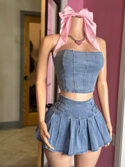 The Weekend Denim Tube Top & Pleated Skirt Set