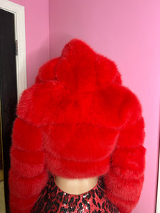 Chic Faux Fur Jacket with Hood – Red