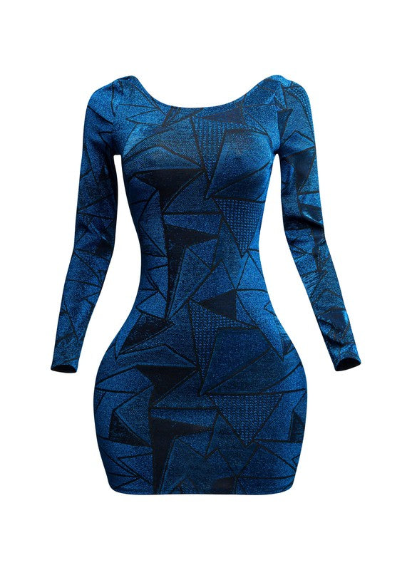 Jacquard Knit Open Back Bodycon Dress- Royal