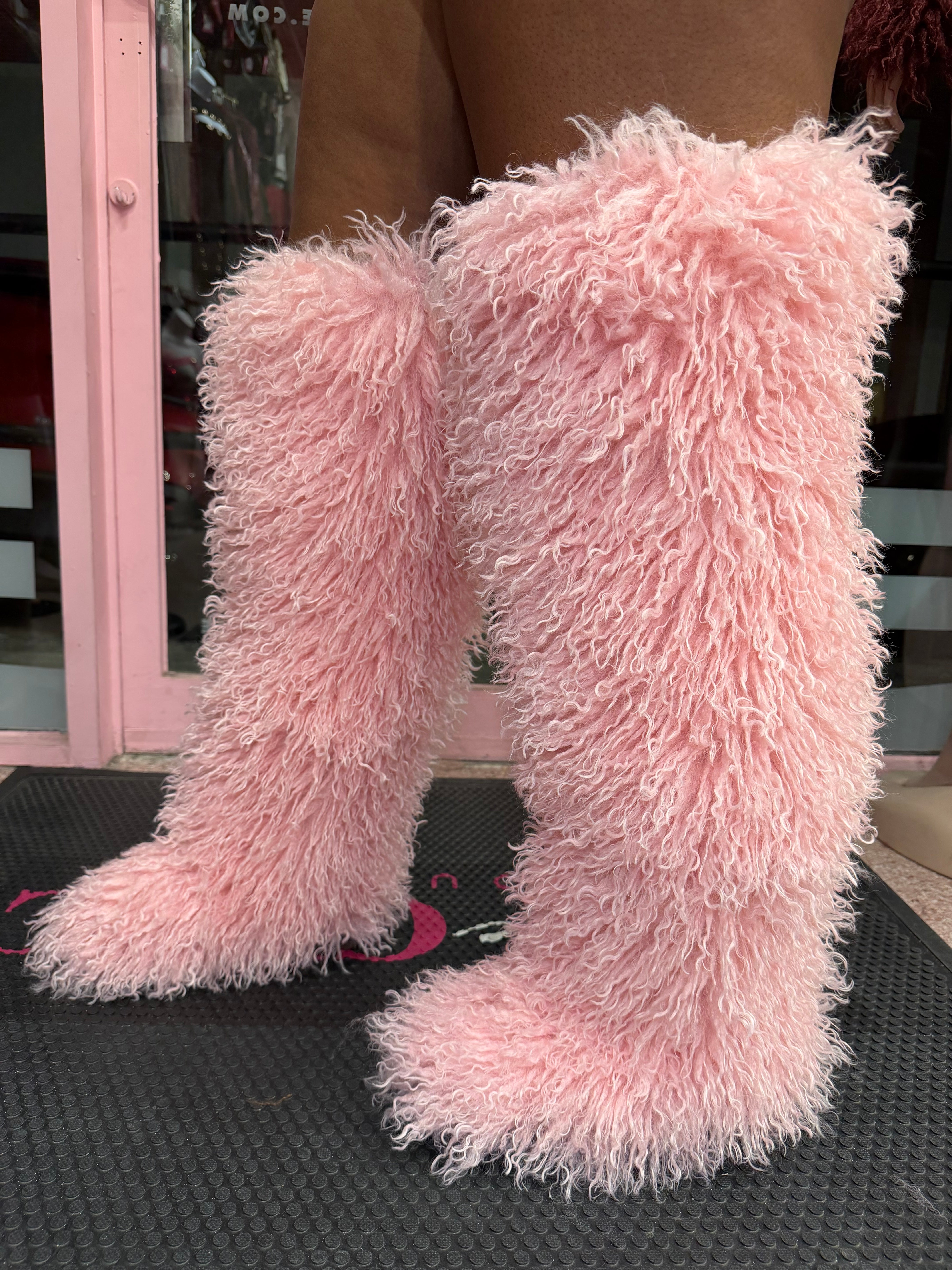 Shaggy Mongolian Fur Thigh High Boots- Pink