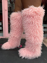 Shaggy Mongolian Fur Thigh High Boots- Pink