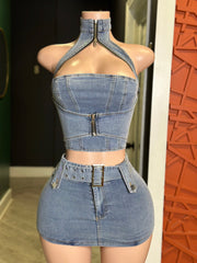 New Phase Halter Crop Top & Skort Set- Denim
